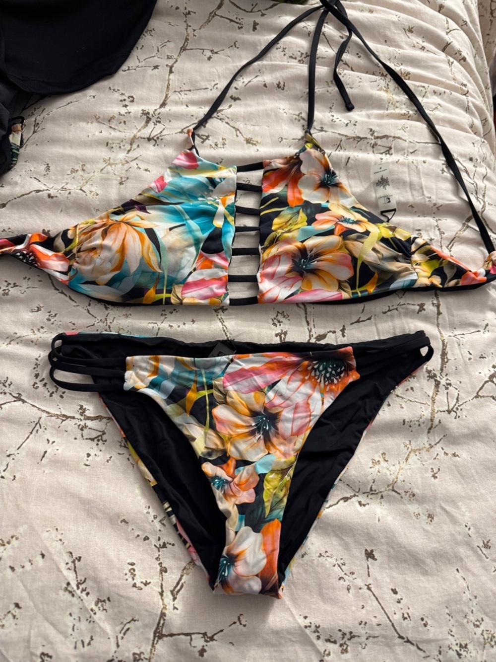 TiniBikini Floral Black Multicolor Strappy Bikini